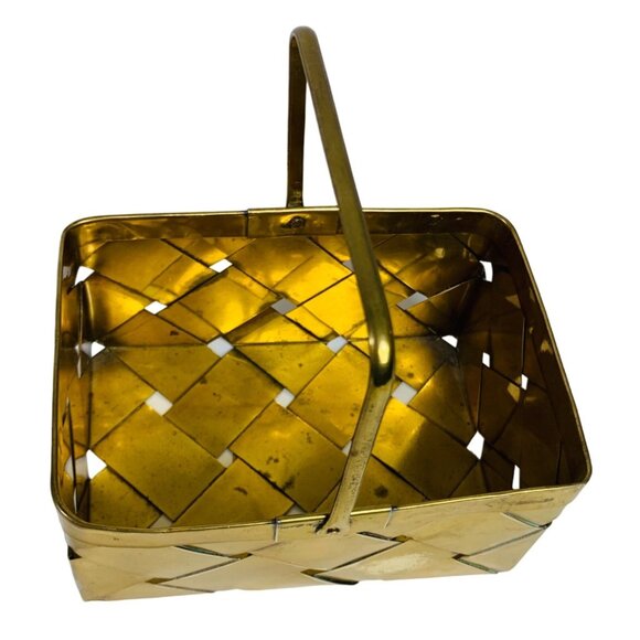 Brass Basket Woven Handle Boho Style Trinket Dish Rectangle Catchall Eclectic - Picture 2 of 14